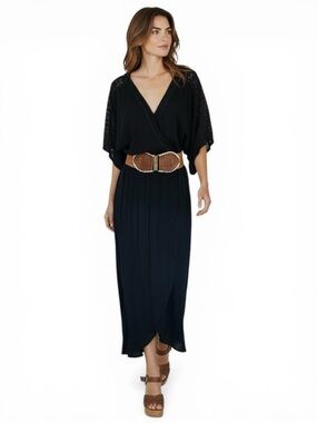 Lovestitch Black Boho Midi Dress Lace Back Surplice Wrap Tulip Hem Small
